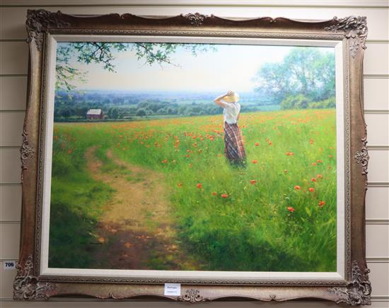 Tony Sheath, oil on canvas, Summer breeze landscape with a woman in a poppy field